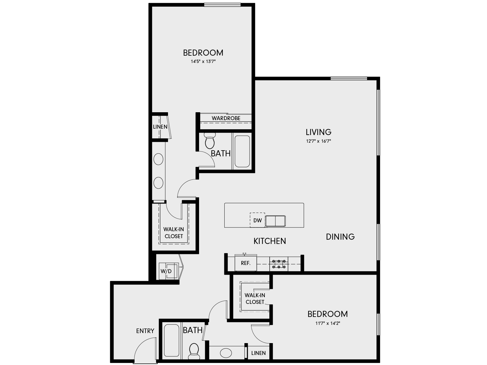 Floor plan for 2 beds, 2 baths, 1340 sqft